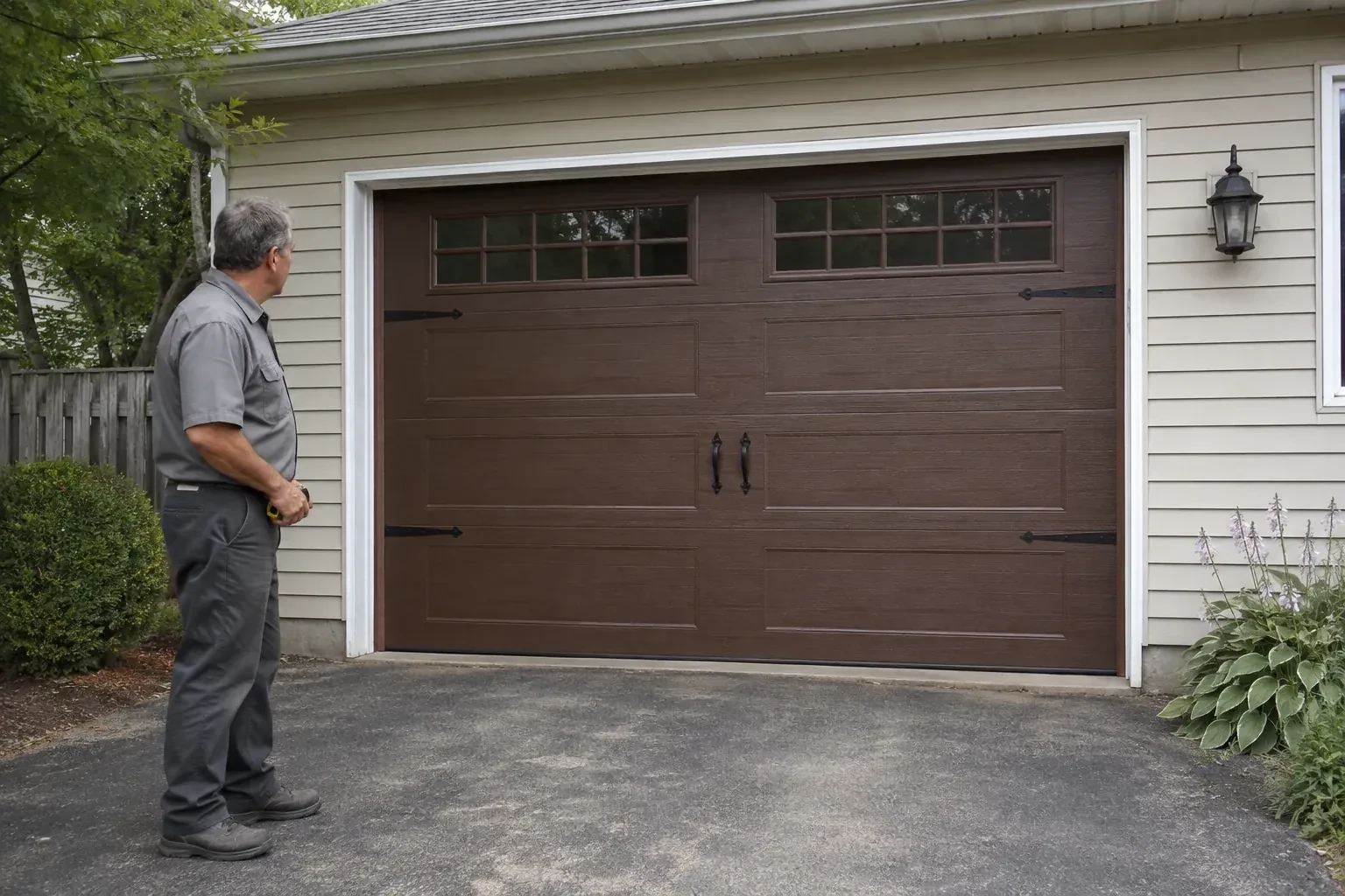 A person stands beside a closed brown garage door with upper windows and black decorative straps and handles. — Carriage-House Garage Door Installation, Oakville