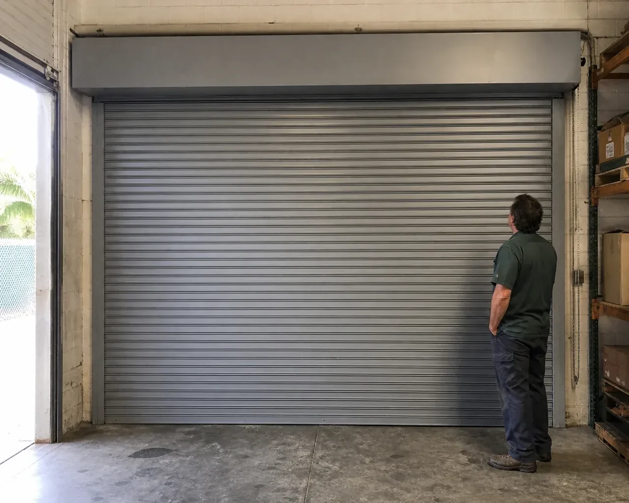 A person examines a closed metal rolling door with narrow horizontal slats, side guides and an overhead hood in a warehouse. — Commercial Rolling Door Repair, Oakville