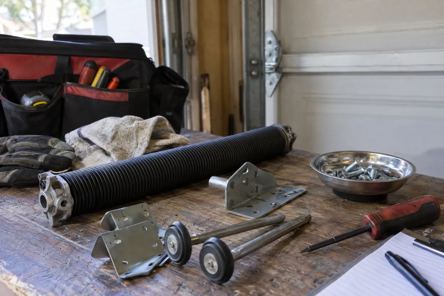 Black coiled torsion spring, two door rollers, metal brackets, a screw dish, gloves and a tool bag on a wooden workbench.