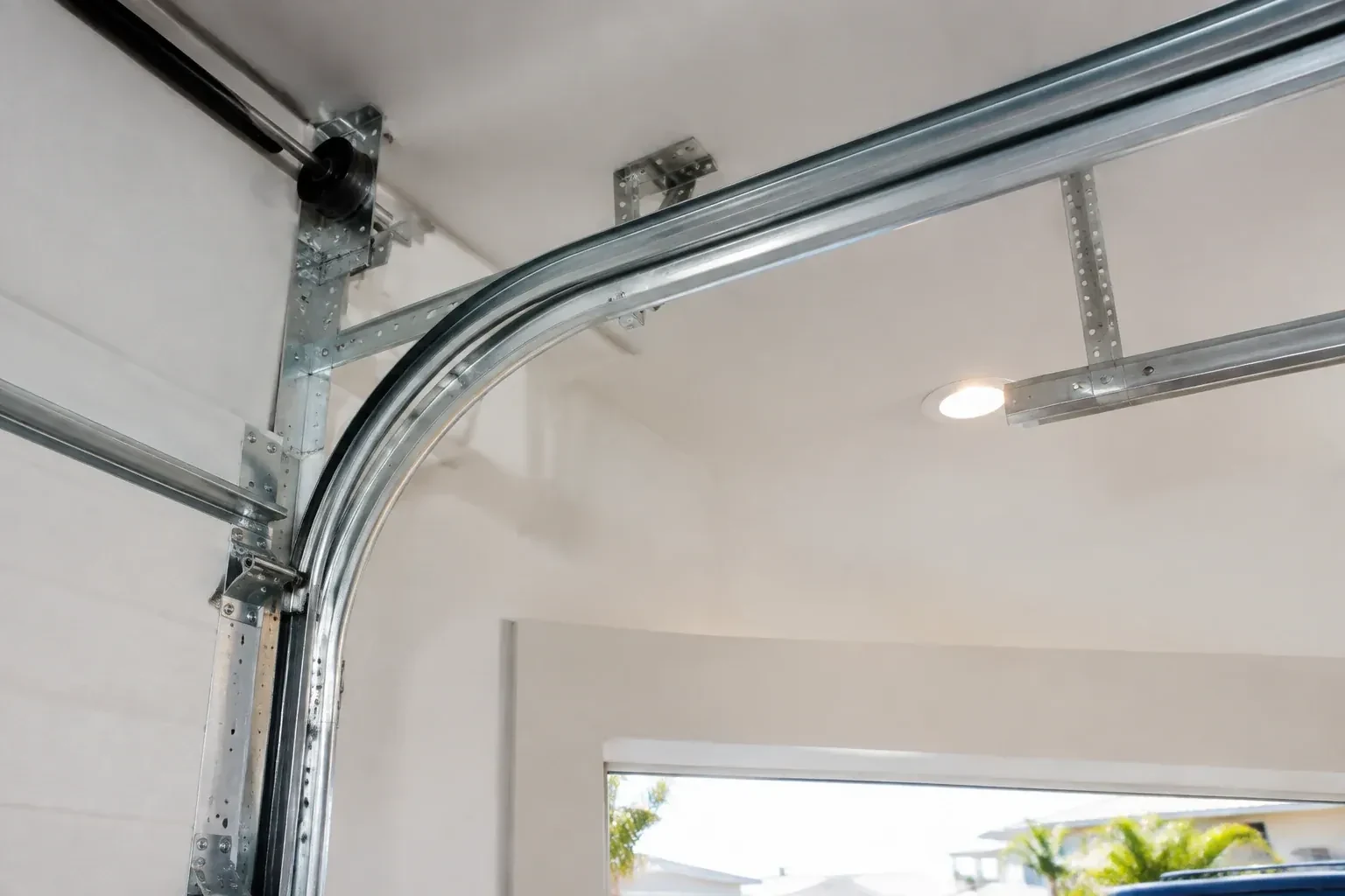 Curved galvanized steel track bending from the vertical door track into the ceiling, with perforated brackets and a recessed light. — Garage Door Track Repair or Replacement, Oakville