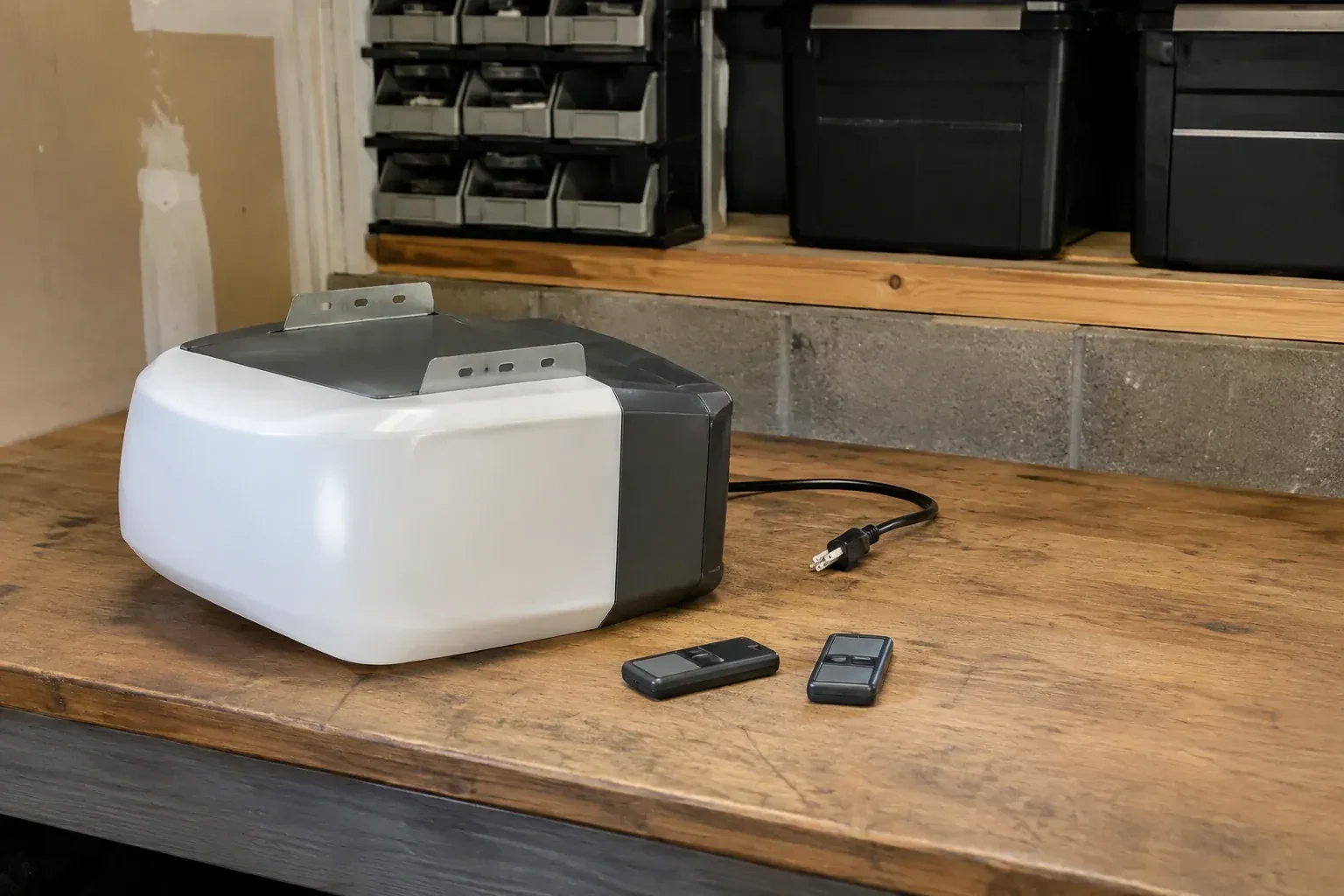 Detached opener housing and two remotes on a garage bench. — Garage Door Opener Replacement, Oakville