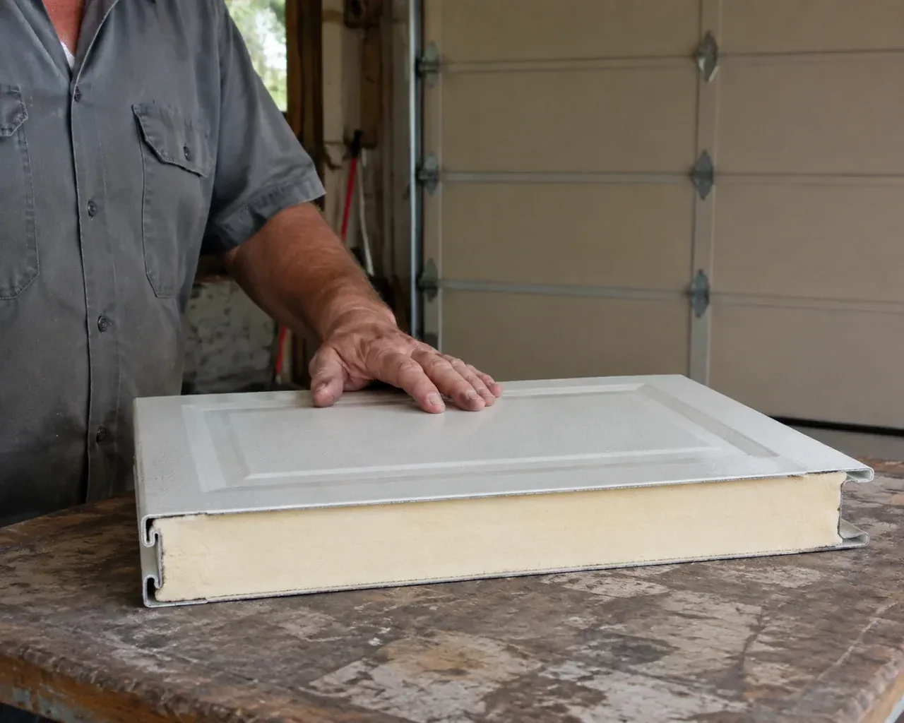 A panel sample exposes a cream foam core between thin metal faces on a garage workbench. — Insulated Steel Garage Door Installation, Bronte