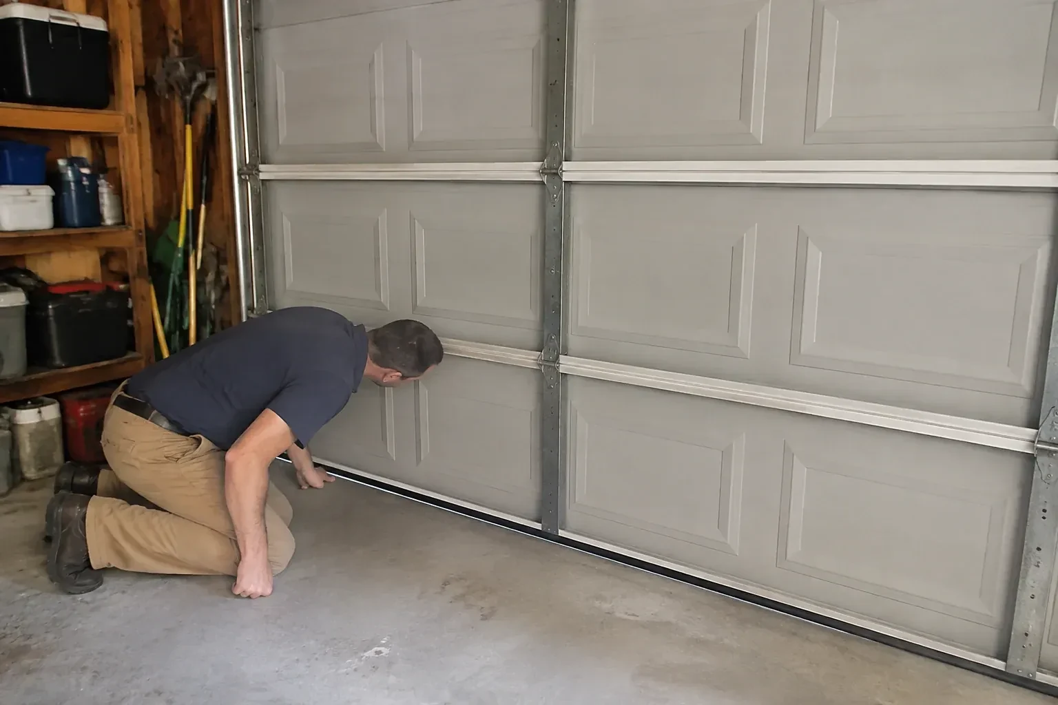 Person kneeling with a hand at the base of a gray paneled door that has a black strip along its bottom. — Garage Door Perimeter Weatherstrip, Oakville