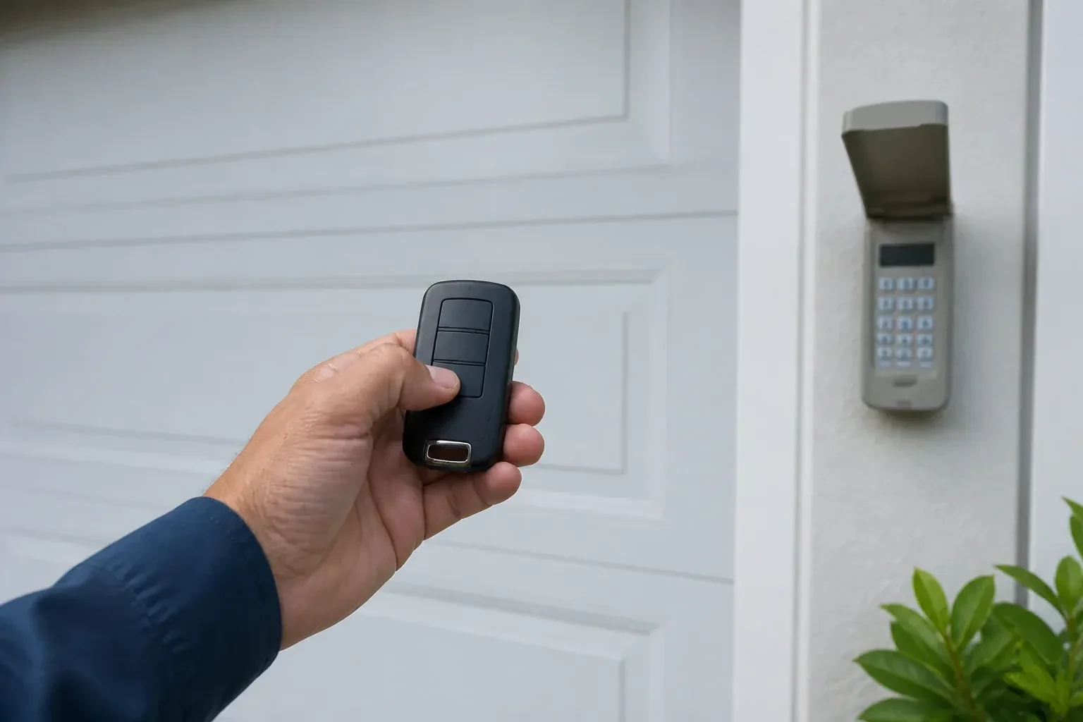Hand holding a black three-button remote in front of a white paneled door, with a wall keypad and open cover at right. — Garage Door Remote and Keypad Programming, Oakville