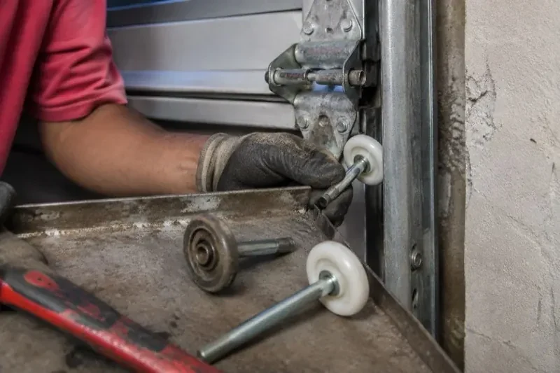 Gloved hand holding a white garage-door roller beside its track, with two loose rollers and a red tool on a tray. — Garage Door Roller Replacement, Oakville