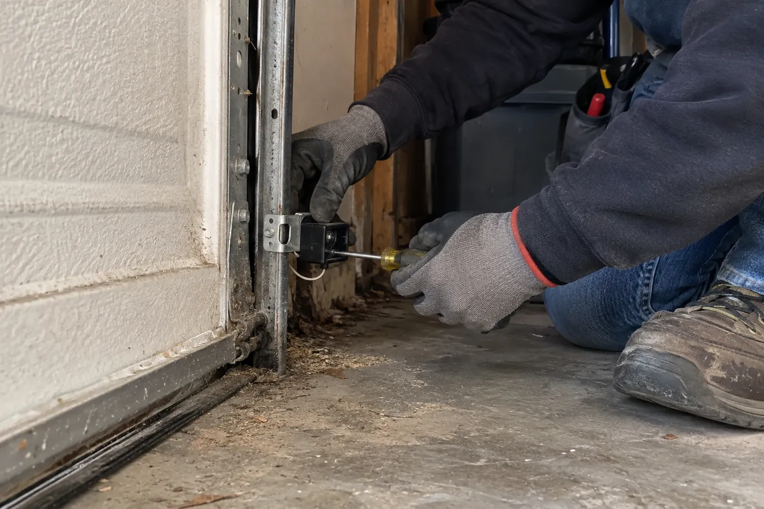 Gloved hands using a yellow-handled screwdriver to fasten a small black sensor to a vertical metal track beside a white door panel. — Photo-Eye Sensor Alignment or Replacement, Oakville