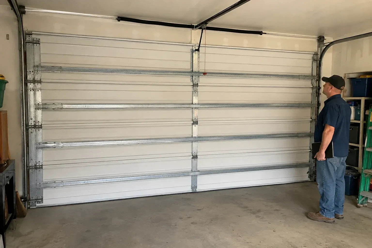 A person examines horizontal metal reinforcement members across the interior of a closed garage door. — Wind-Rated Garage Door Replacement, Oakville
