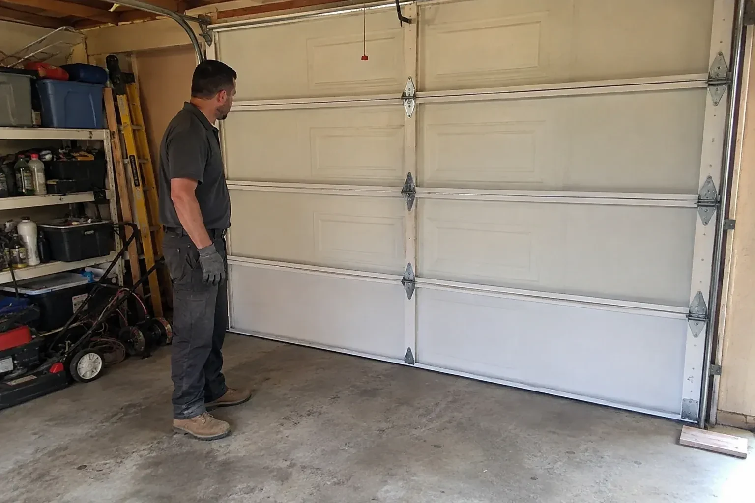 A person examines the interior panels and hinges of a closed sectional garage door. — Garage Door Panel Replacement, Oakville