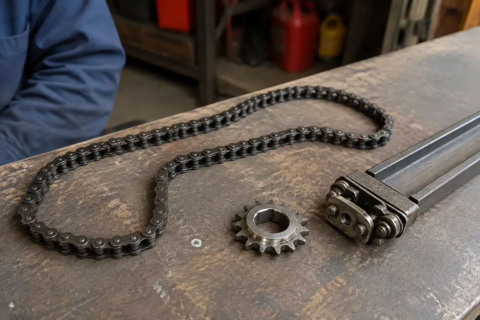 A detached metal roller chain, toothed sprocket and rail component rest on a worn garage workbench. — Chain-Drive Opener Repair, Oakville