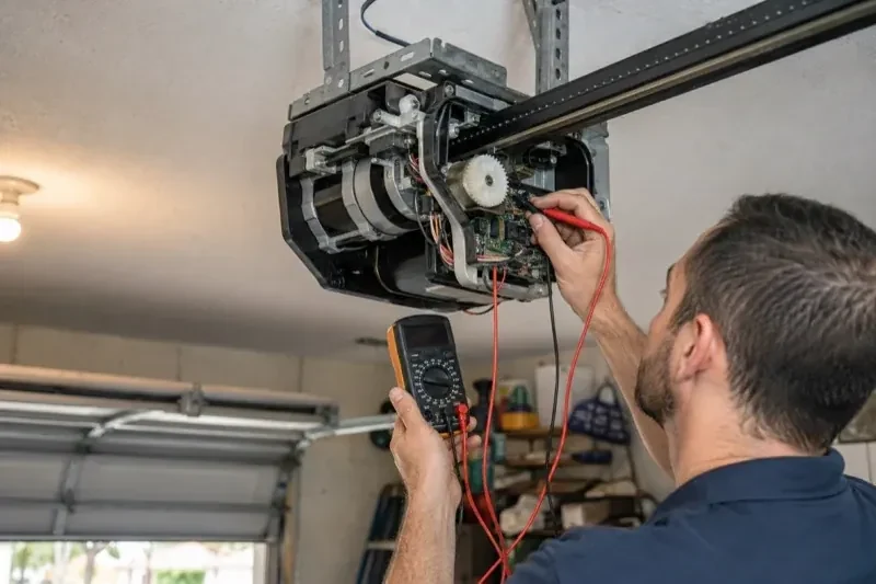 Person holding a multimeter and a red probe near the exposed circuit board of an overhead garage-door opener. — Garage Door Opener Diagnosis and Repair, Oakville