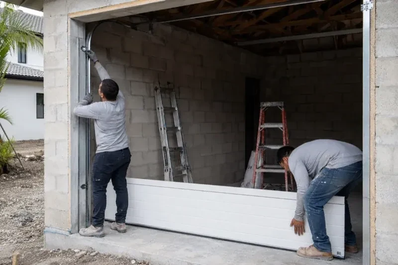 Two people positioning a white garage-door panel and side track in an unfinished masonry garage. — New-Construction Garage Door Installation, Bronte