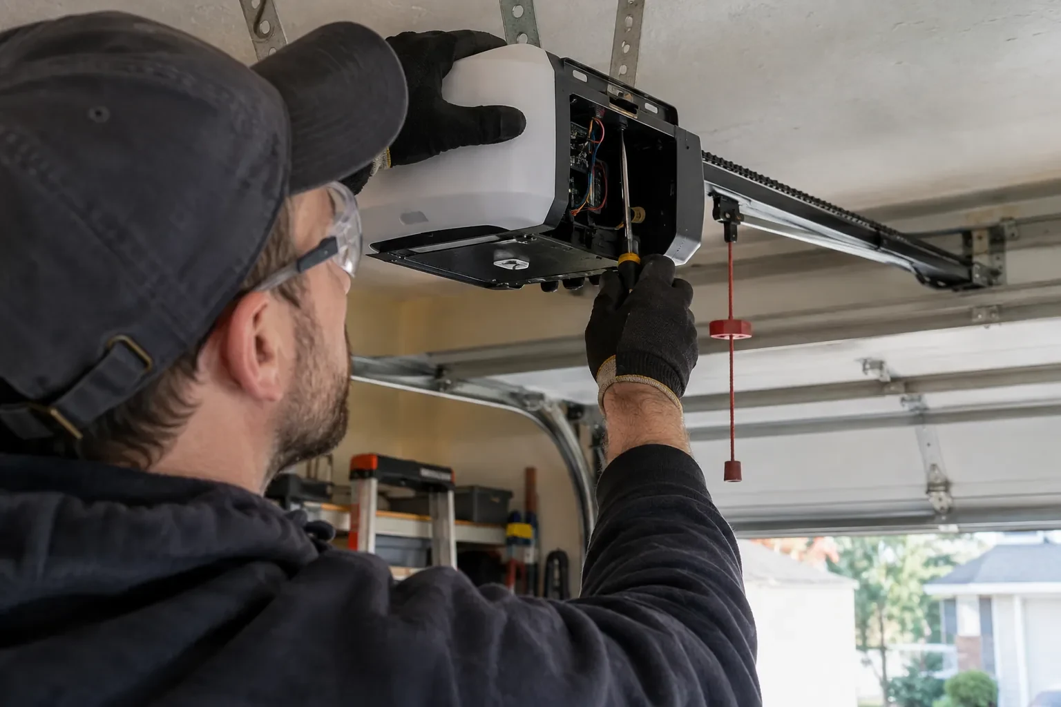 Technician in a cap holding a screwdriver inside an open garage-door opener housing, with a red pull cord hanging beside it.