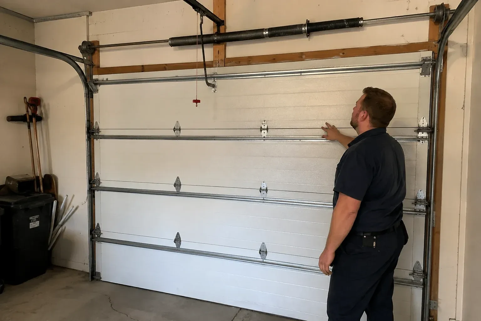 A person stands beside a closed sectional door beneath its overhead spring assembly. — Garage Door Balance Adjustment, Bronte
