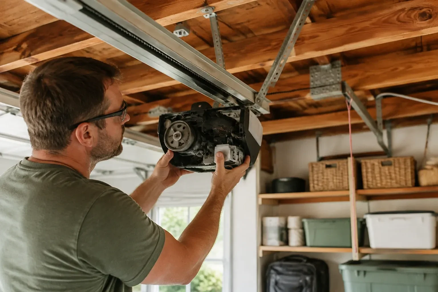 Person in a green shirt and glasses holding an opened opener housing that shows a gear, under wooden ceiling joists. — Belt-Drive Opener Repair, Oakville