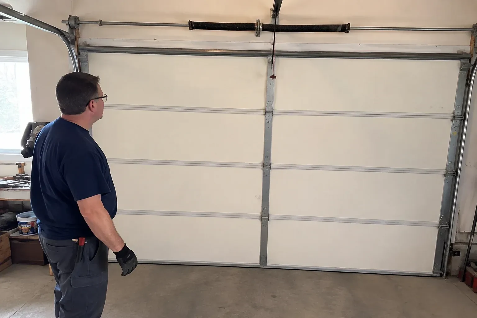 Person in a dark shirt standing before a closed cream sectional door, looking up at a coiled spring and red-tipped cord. — Off-Track Garage Door Reset, Oakville
