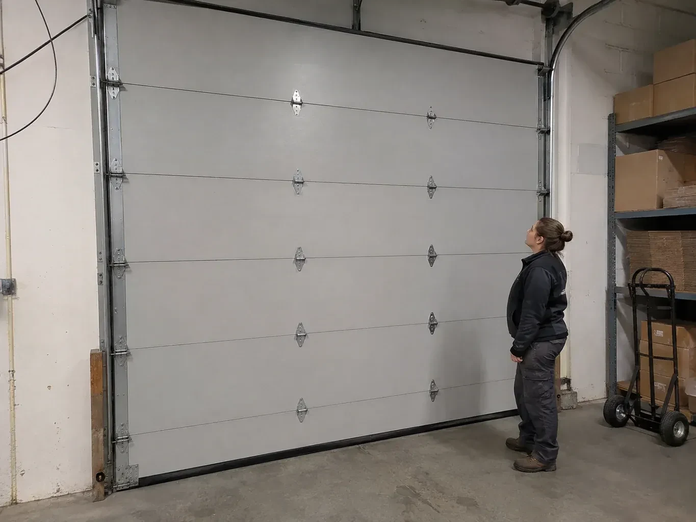 A person looks at a tall closed sectional door with broad panels, hinges and side tracks in a warehouse. — Commercial Sectional Door Repair, Bronte