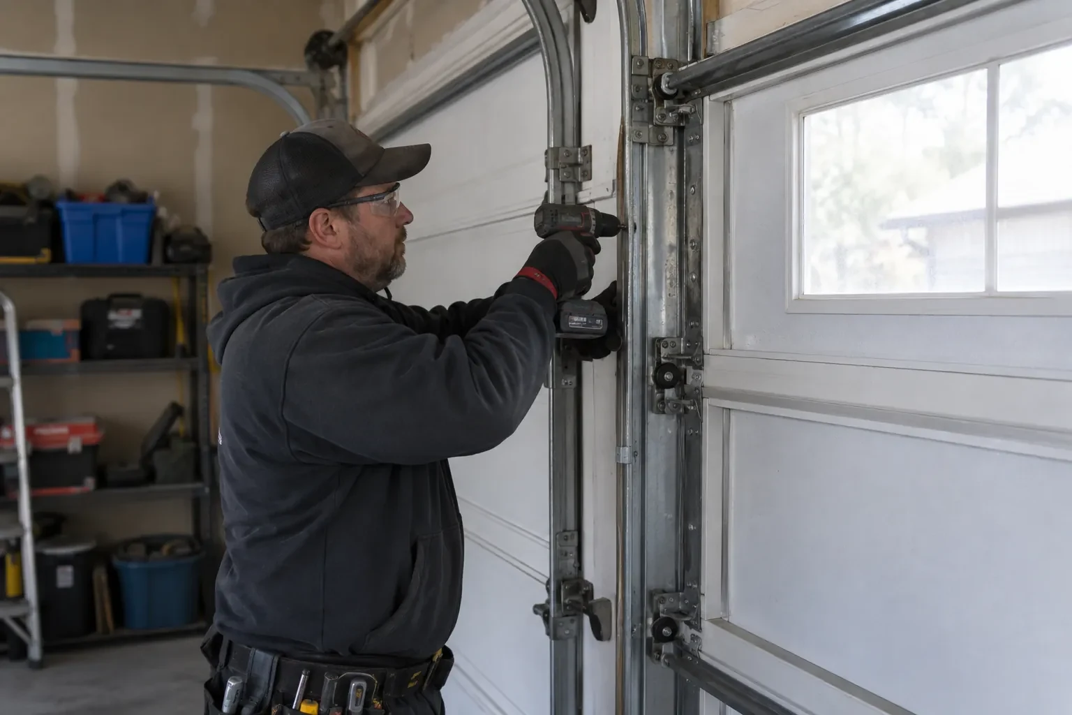 Technician in a black cap holding a cordless drill to a bracket on a vertical track beside a windowed white door.