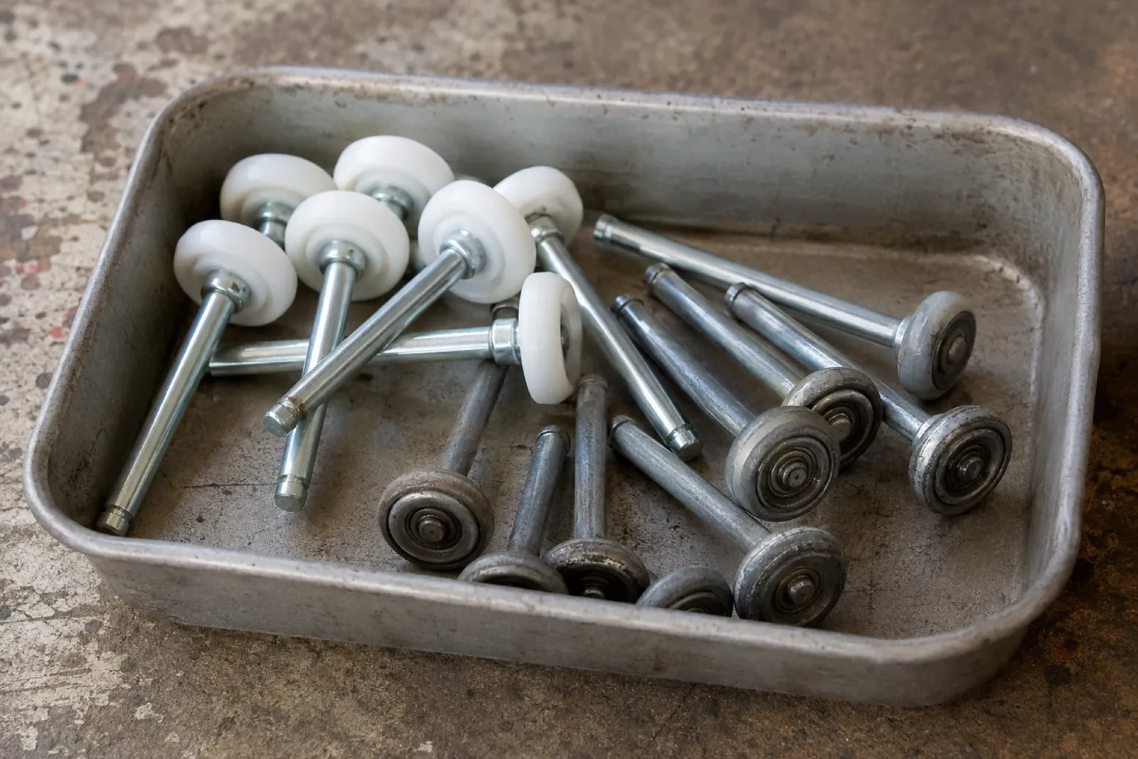 Aluminum tray holding about a dozen garage-door rollers on steel stems, some with white nylon wheels and some with worn metal wheels.