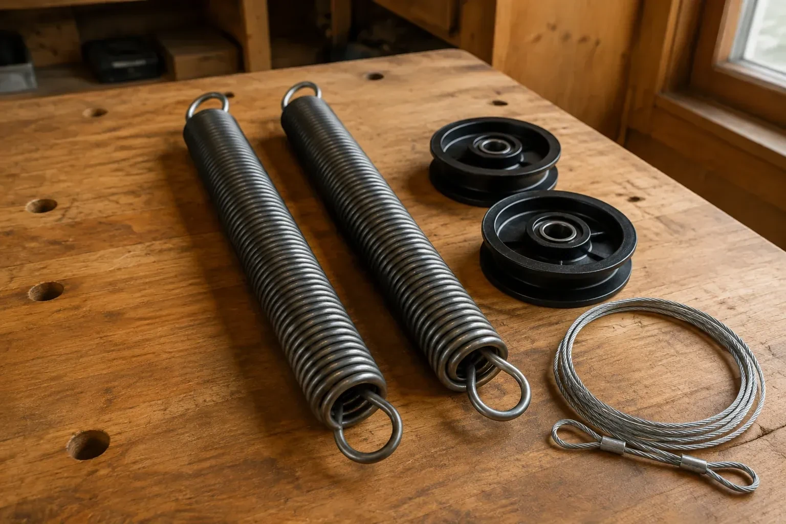 Two coiled extension springs with looped ends, two black pulleys and a loop of steel cable on a worn wooden workbench. — Extension Spring Replacement, Oakville