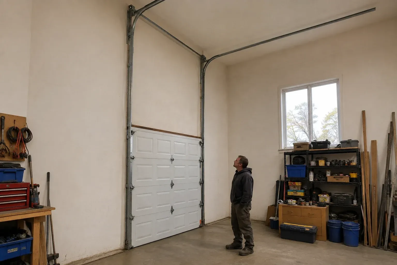 Vertical tracks extend above a closed garage door before curving near a high ceiling, while a person looks upward. — High-Lift Garage Door Conversion, Oakville